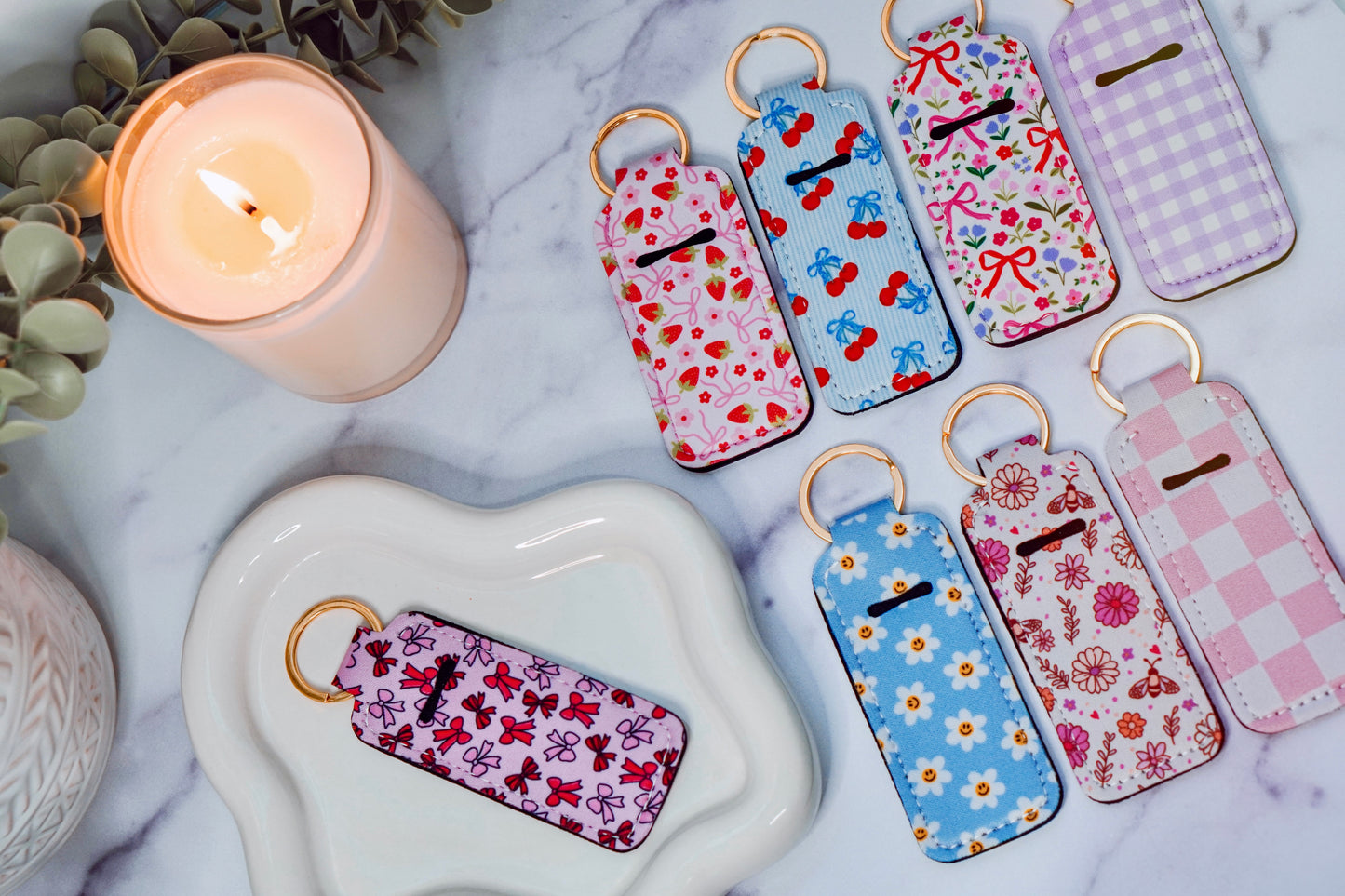Pink Strawberry Bows Lippie Keychain | Lip Balm Holder Keychain | Cute Purse Accessory