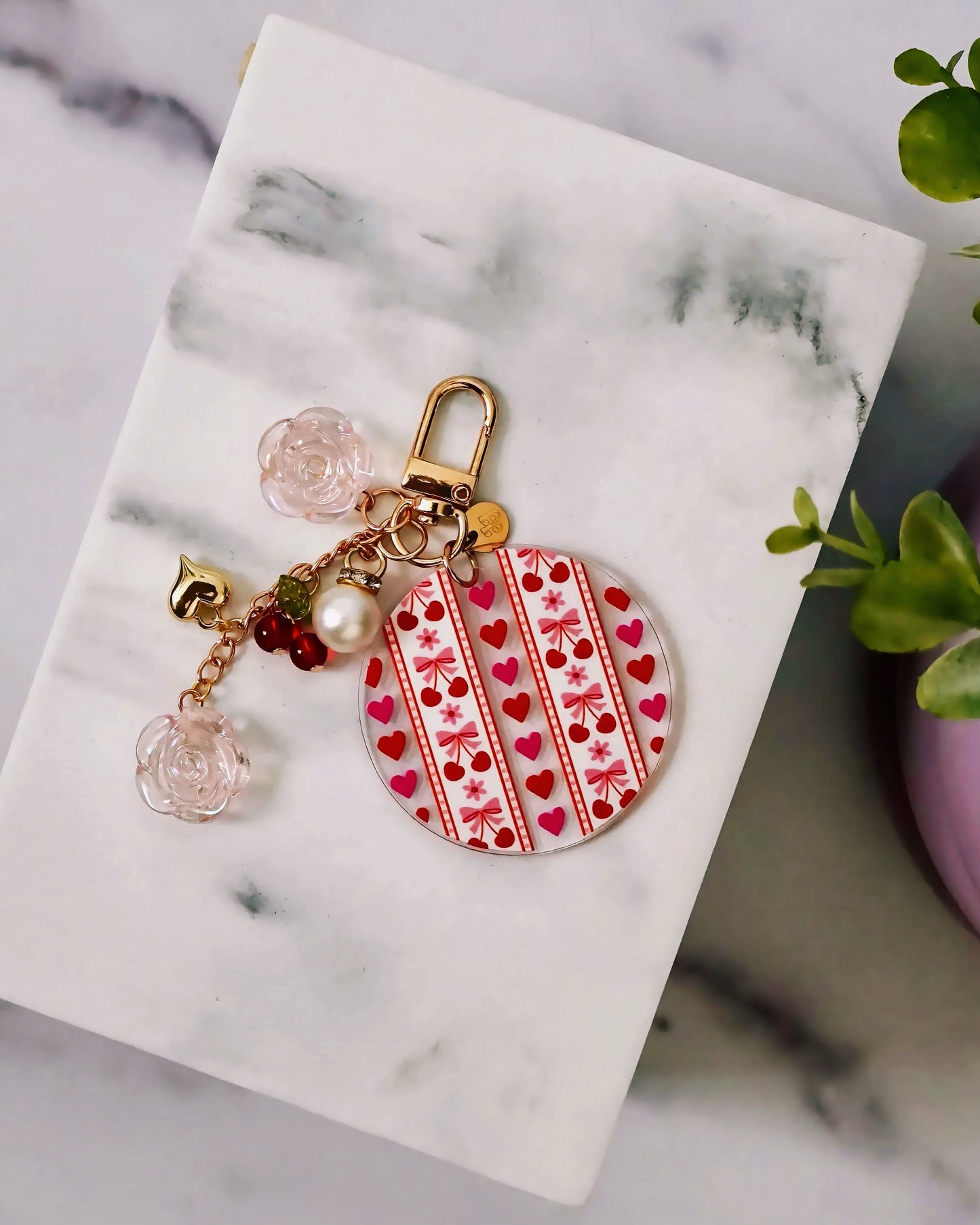 Cherry Hearts Acrylic Circle Keychain