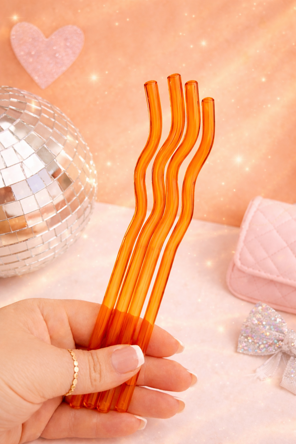 Orange Wavy Glass Straw