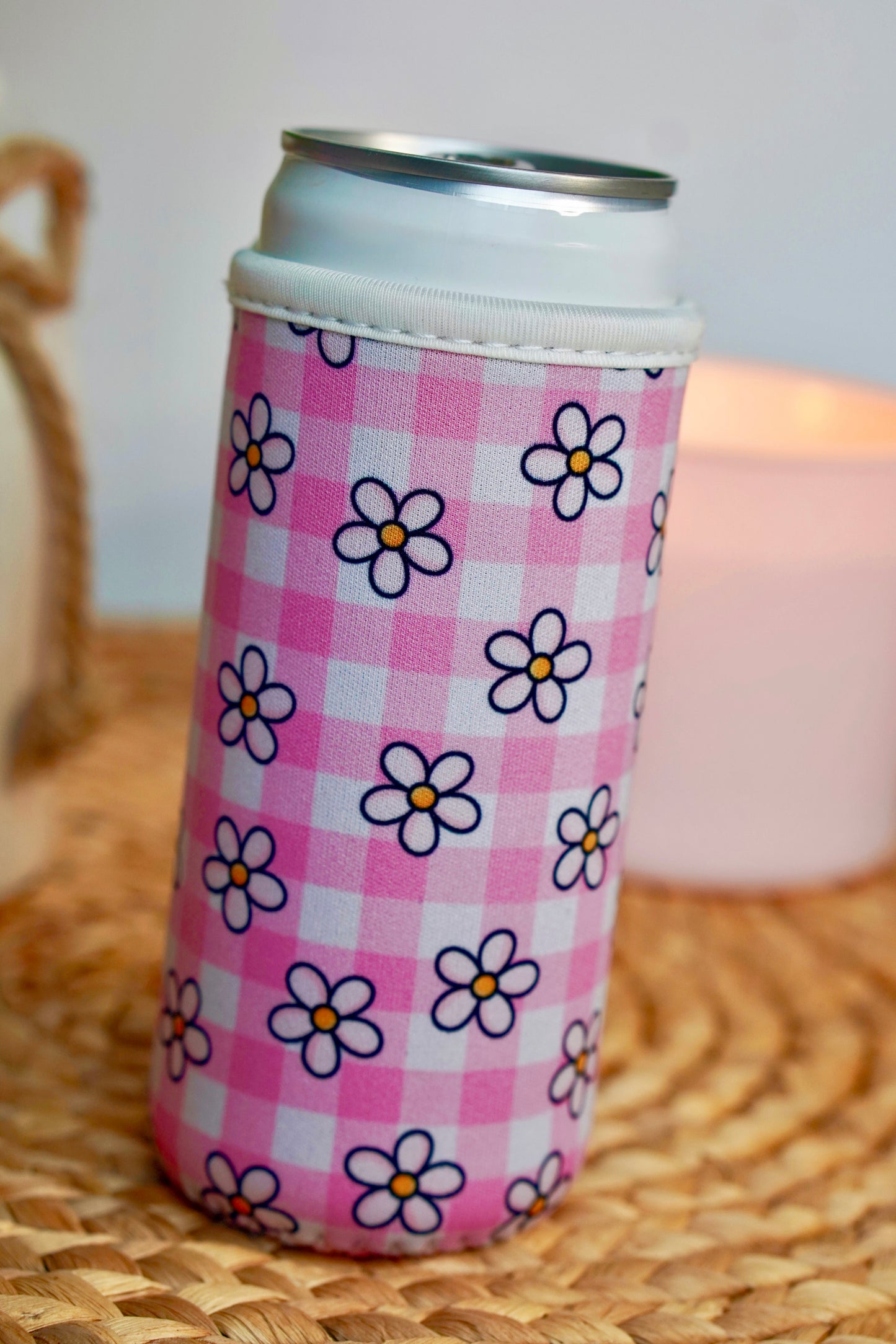 Pink Gingham Daisy Tall Can Sleeve