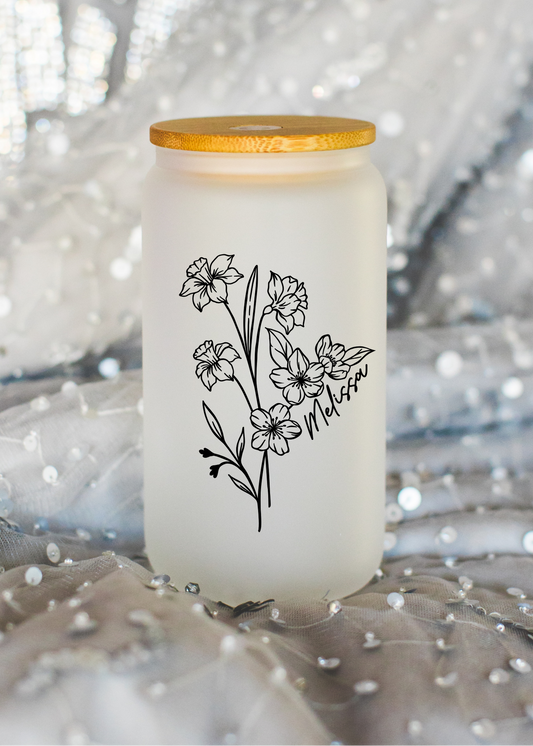 Personalized Name & Birth Month Flower Glass Cup
