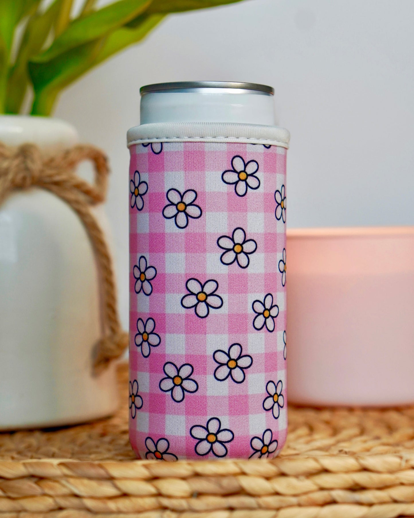 Pink Gingham Daisy Tall Can Sleeve