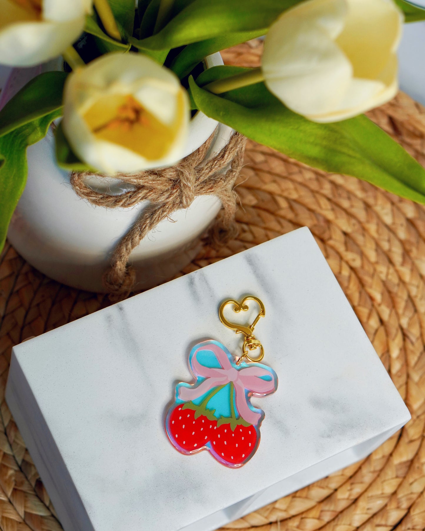 Strawberry Bow Iridescent Acrylic Keychain