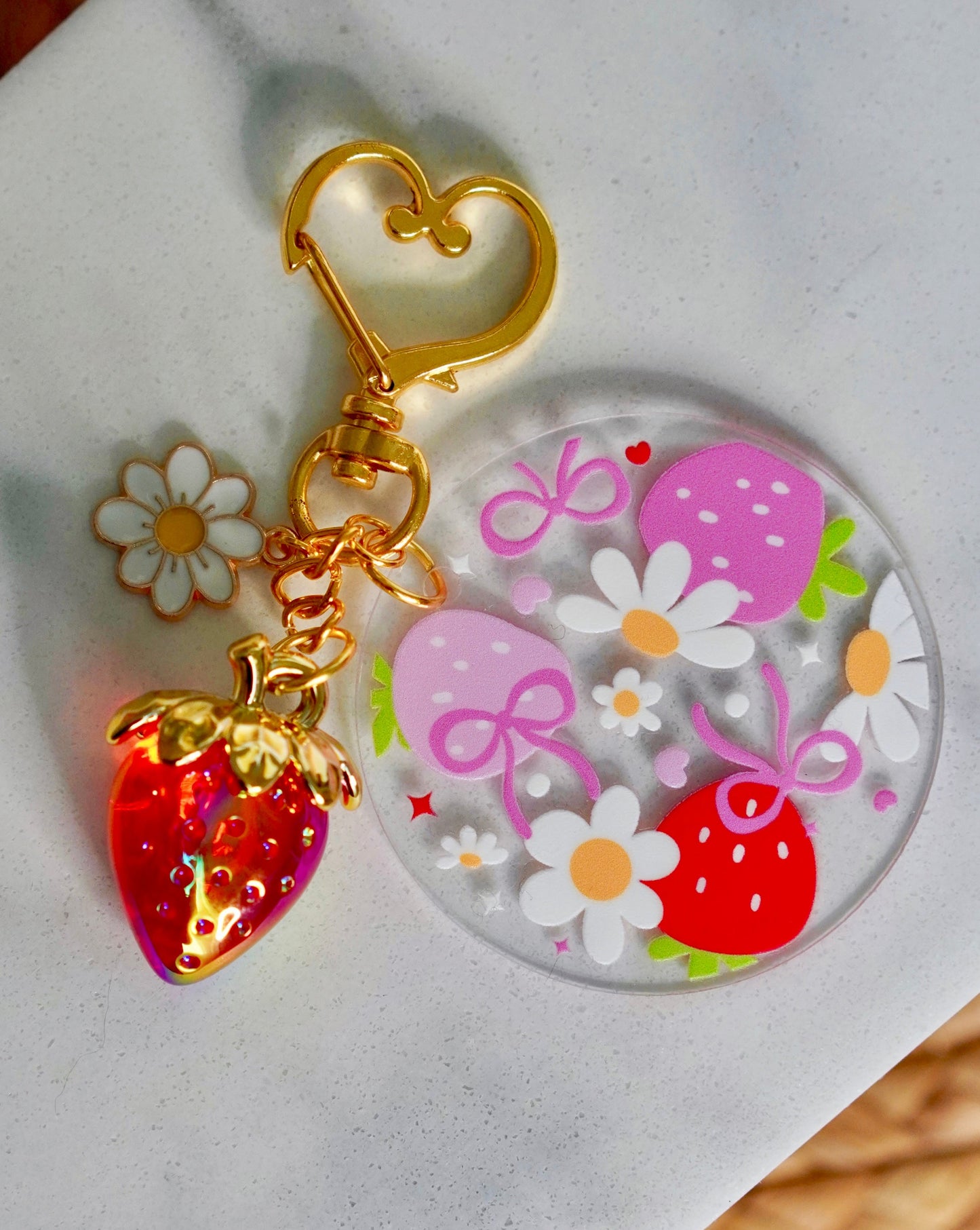 Strawberry Daisy Acrylic Circle Keychain