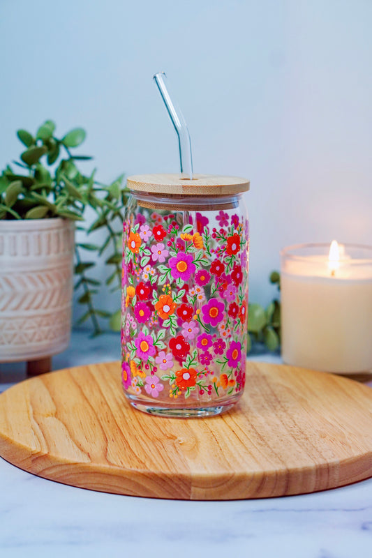 Orange + Pink Flowers Iced Coffee Glass
