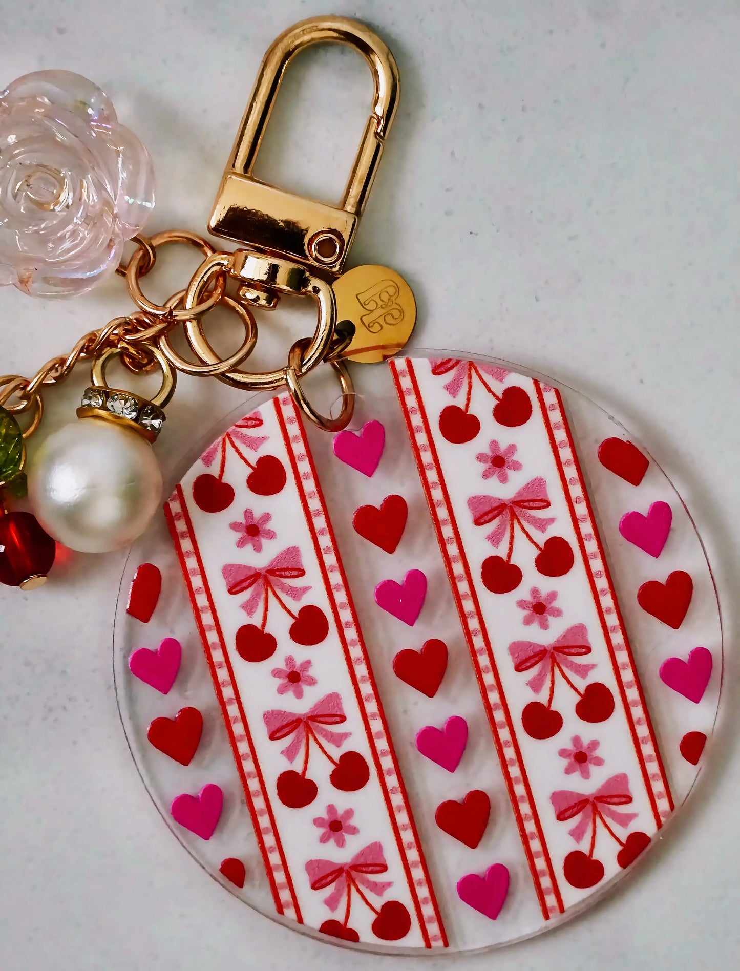 Cherry Hearts Acrylic Circle Keychain