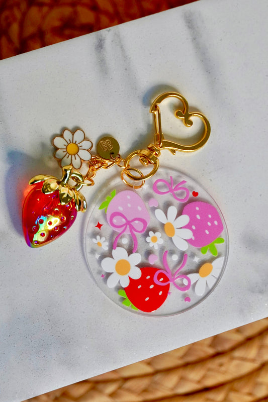 Strawberry Daisy Acrylic Circle Keychain