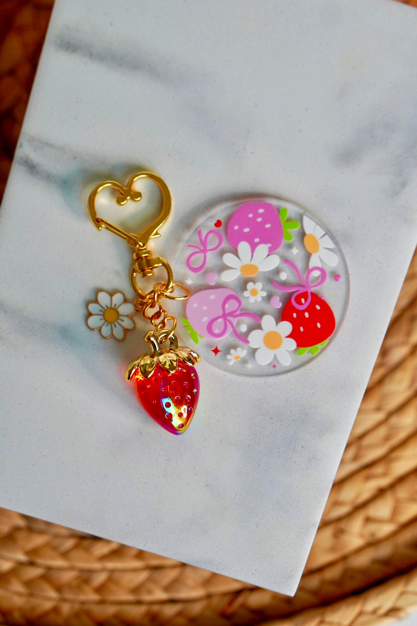 Strawberry Daisy Acrylic Circle Keychain