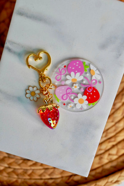 Strawberry Daisy Acrylic Circle Keychain