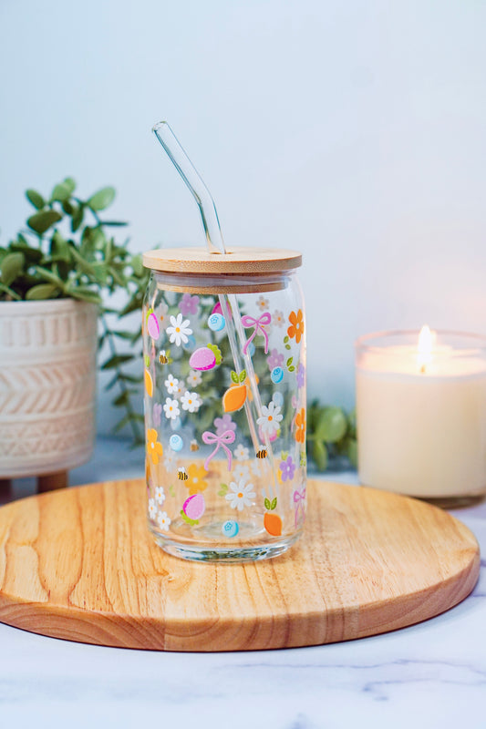 Bees + Flowers Iced Coffee Glass