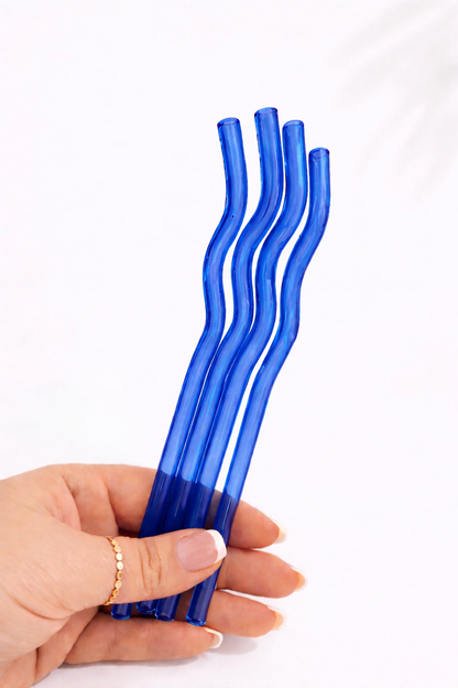 Cobalt Blue Wavy Glass Straw