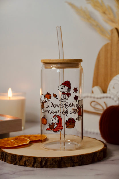 I Love Fall Most of All Iced Coffee Glass | Fall Glass Cup