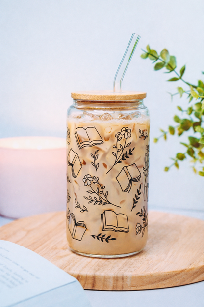 Books & Wildflowers Iced Coffee Glass