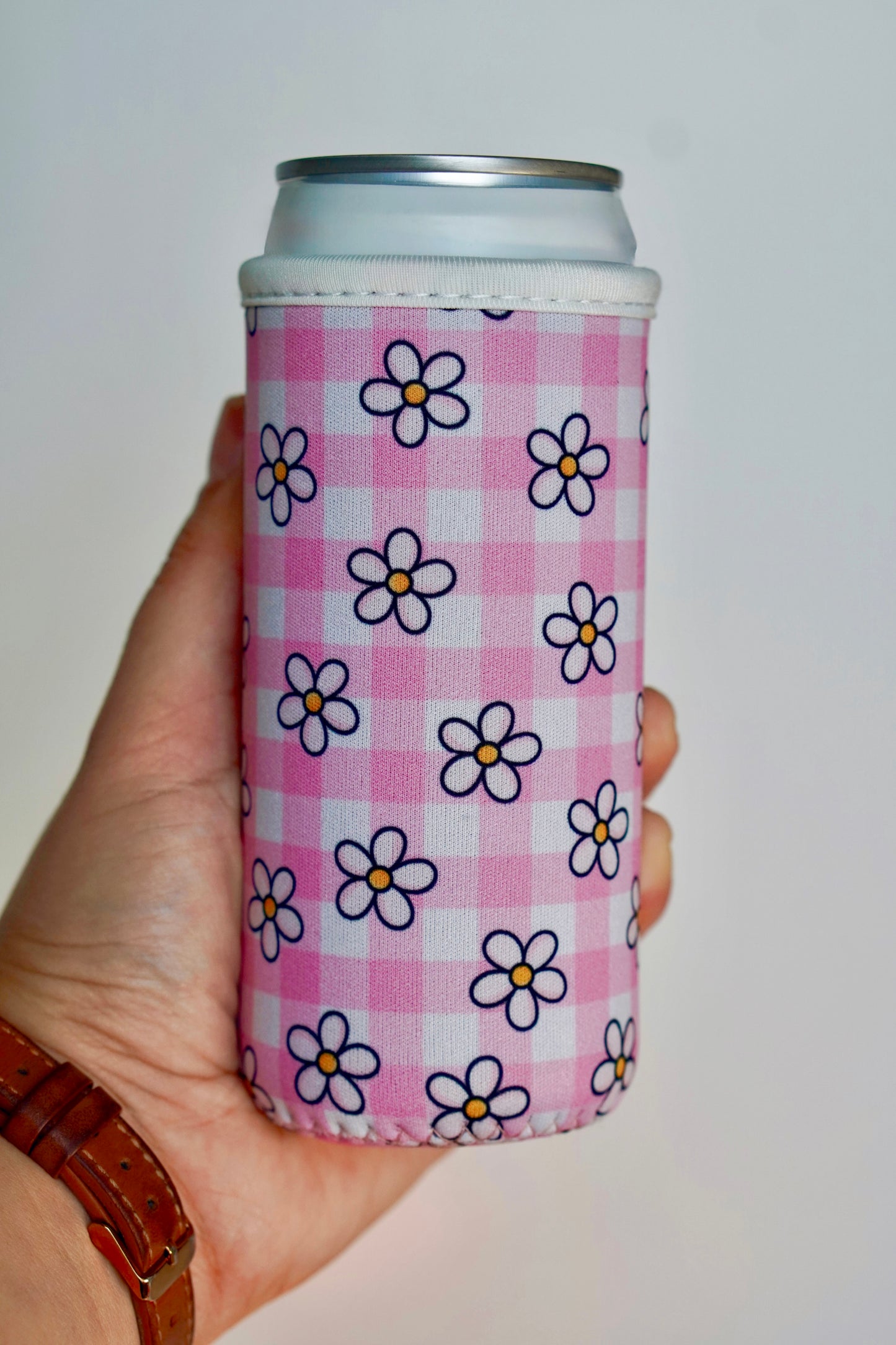 Pink Gingham Daisy Tall Can Sleeve