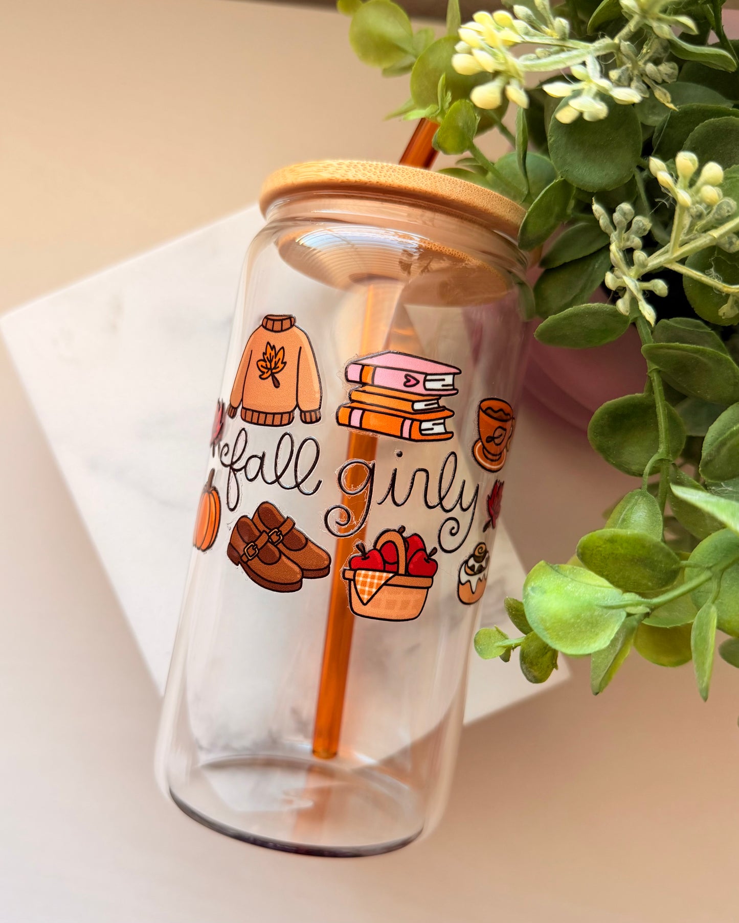 Fall Girly Iced Coffee Glass | Cozy Fall Glass Cup