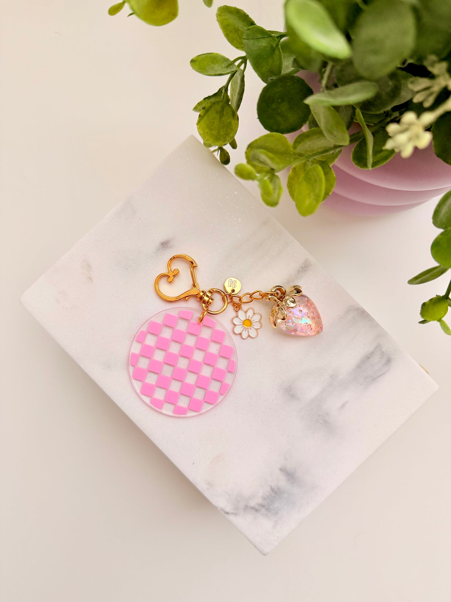 Pink Checkered Charm Acrylic Circle Keychain