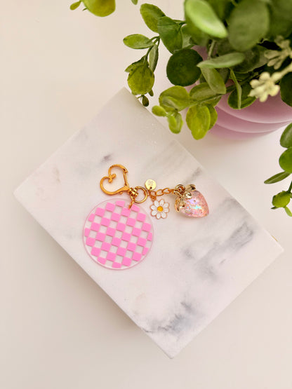 Pink Checkered Charm Acrylic Circle Keychain