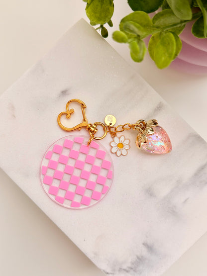 Pink Checkered Charm Acrylic Circle Keychain