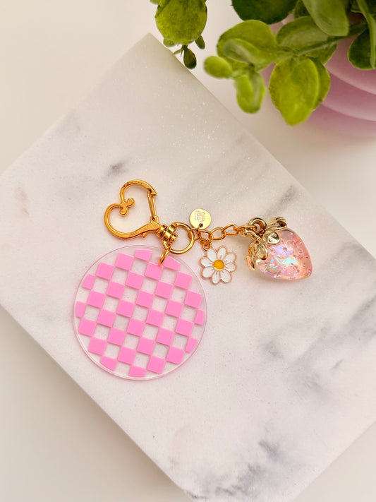 Pink Checkered Charm Acrylic Circle Keychain