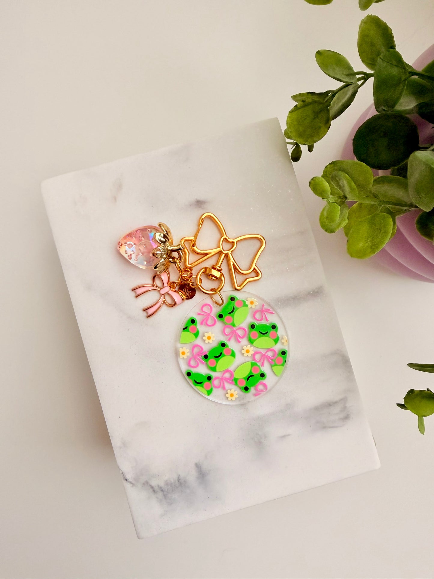 Pink Bow Froggy Charm Acrylic Circle Keychain