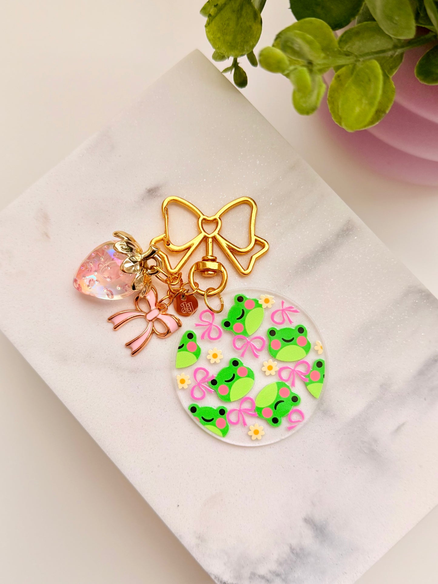 Pink Bow Froggy Charm Acrylic Circle Keychain