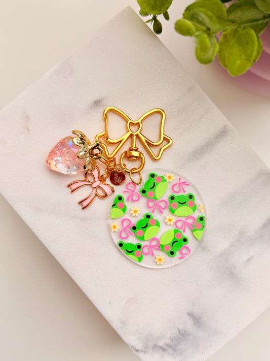Pink Bow Froggy Charm Acrylic Circle Keychain