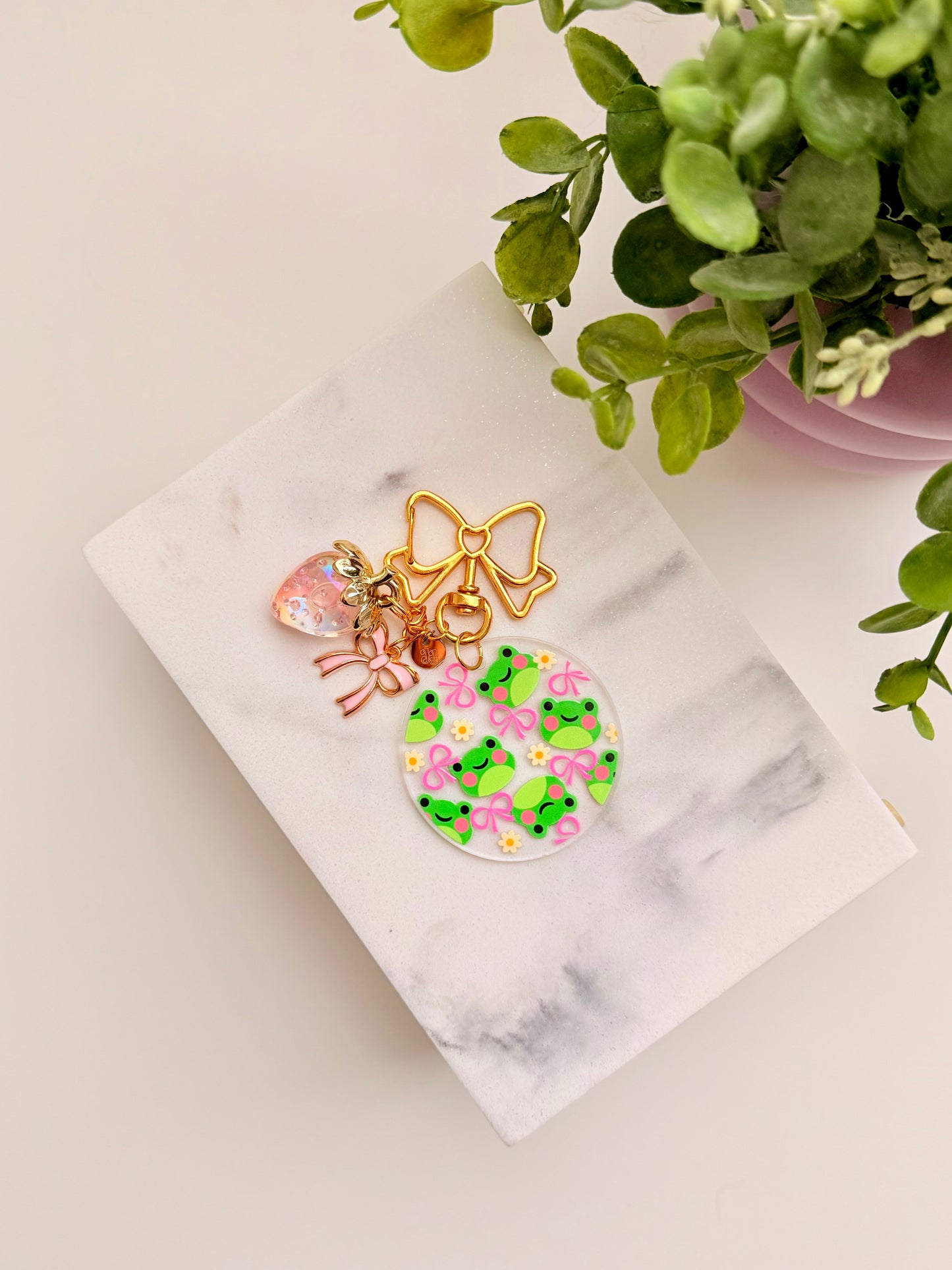 Pink Bow Froggy Charm Acrylic Circle Keychain