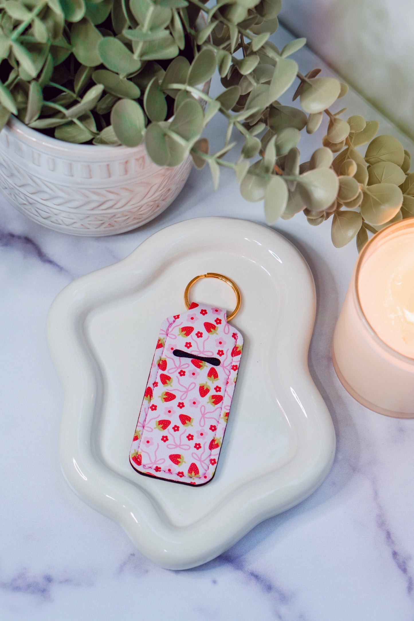 Pink Strawberry Bows Lippie Keychain | Lip Balm Holder Keychain | Cute Purse Accessory