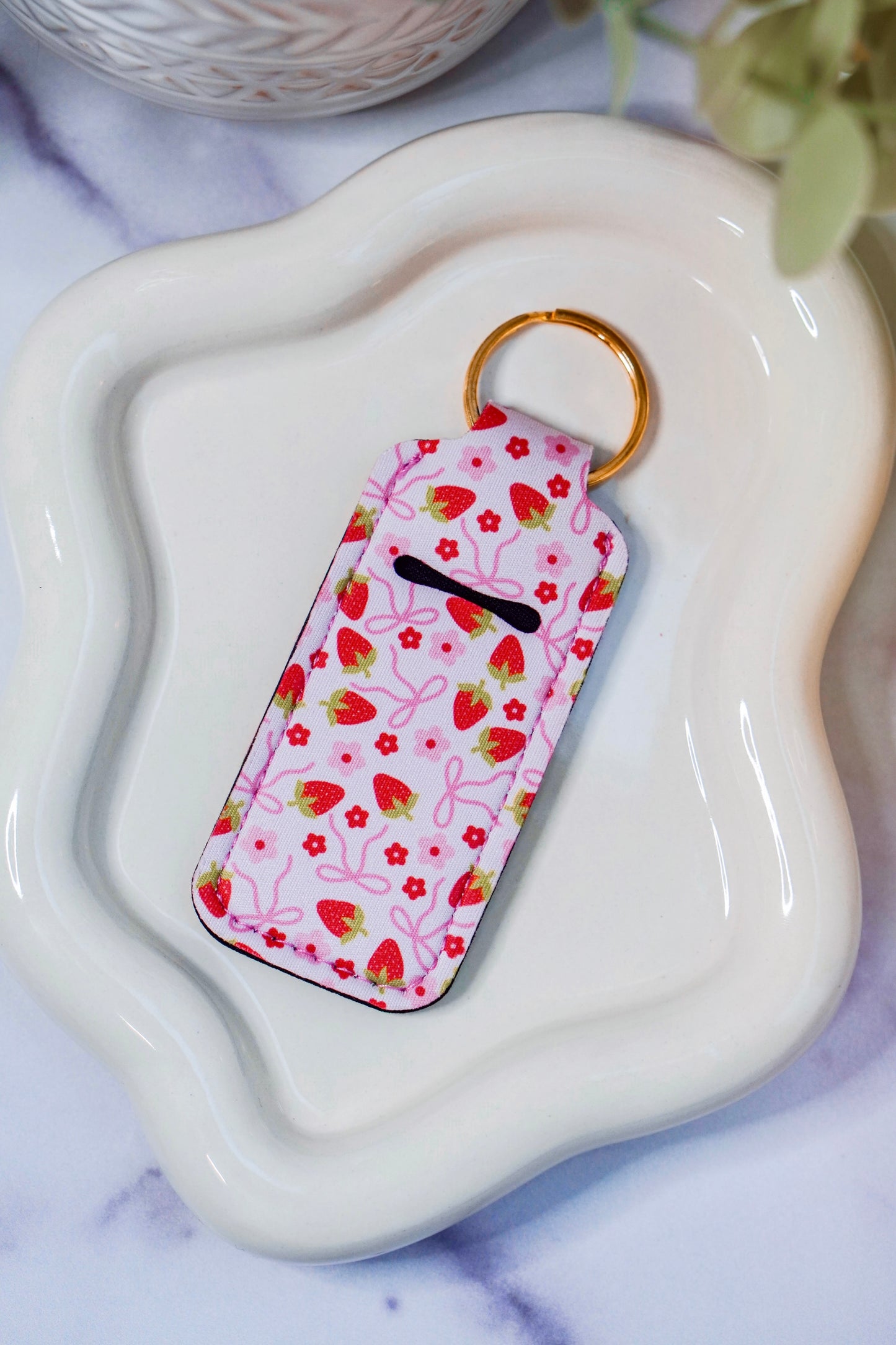 Pink Strawberry Bows Lippie Keychain | Lip Balm Holder Keychain | Cute Purse Accessory