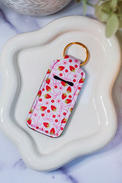 Pink Strawberry Bows Lippie Keychain | Lip Balm Holder Keychain | Cute Purse Accessory